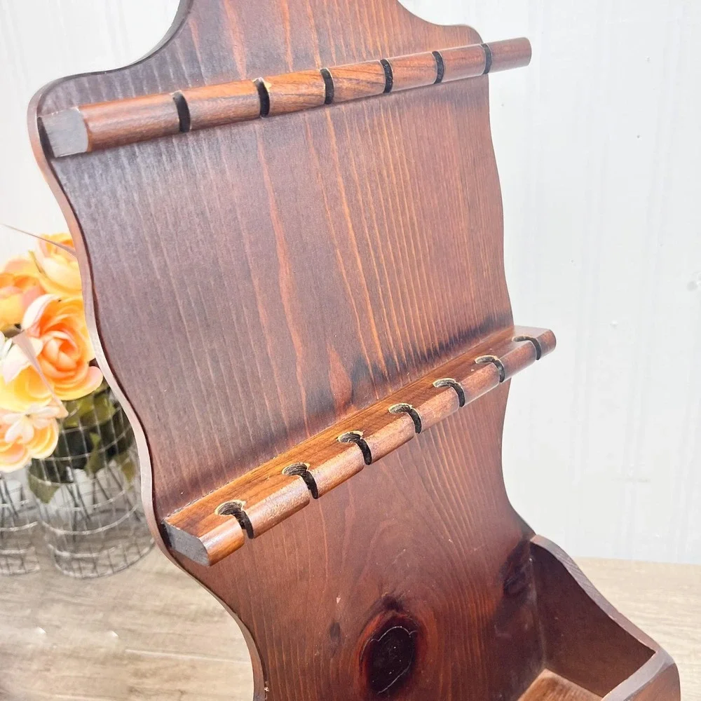 Vintage Wood Spoon Rack - 12 Spoon Display with Pocket‎ Shelf